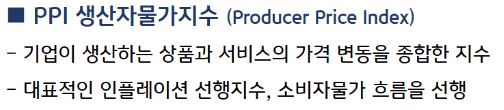 'ppi' 생산자물가지수는 기업이 생산하는 상품과 서비스의 가격 변동을 종합한 지수로, 대표적인 인플레이션 선행지수에 해당.